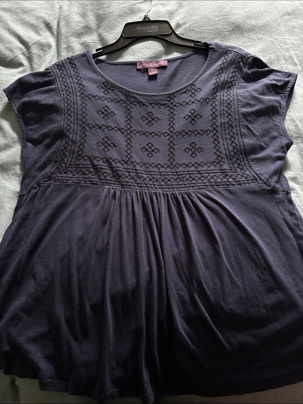 Gloria Vanderbilt Navy Embroidered Yoke Short Sleeve Top